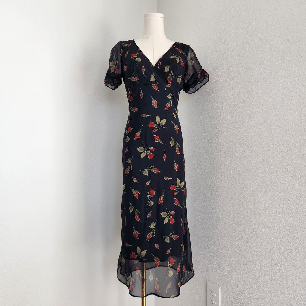 Vintage 90s Frederick's Black Red Rose Floral Maxi Dress Short Sleeve V-Neck S